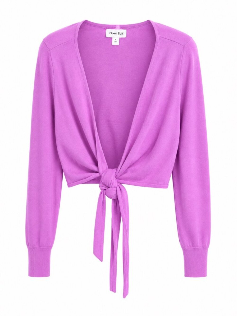 Open Edit Tie-Front Cropped Cardigan In Purple Long Sleeves Size L EcoVero Blend
